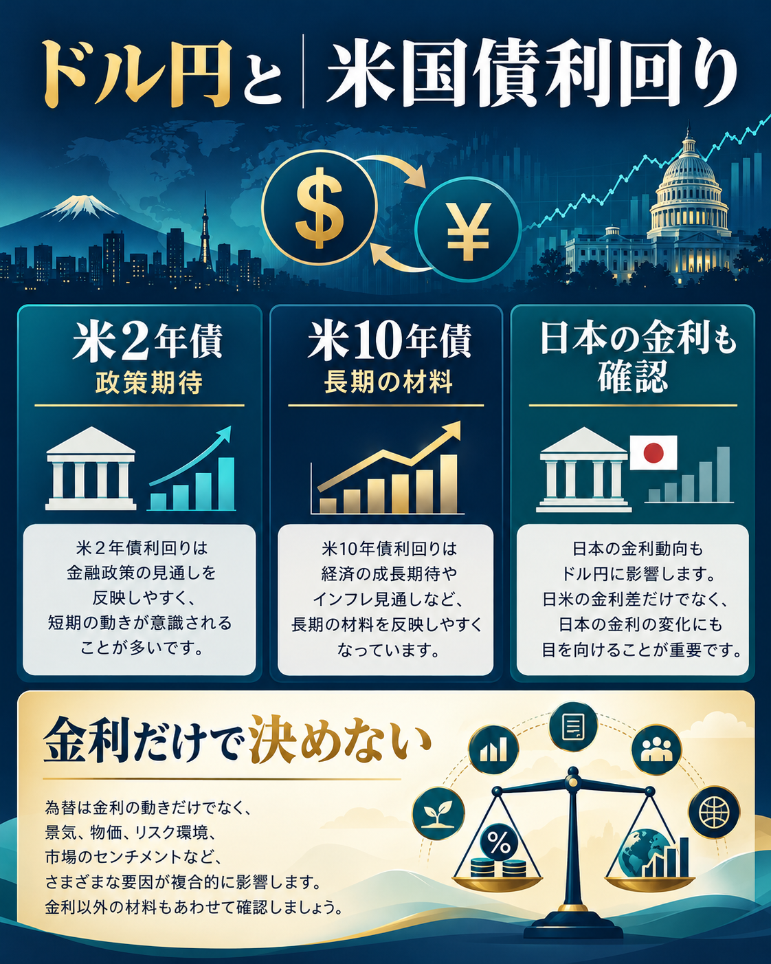 米2年債・米10年債と日本の金利をドル円分析で比較する図解