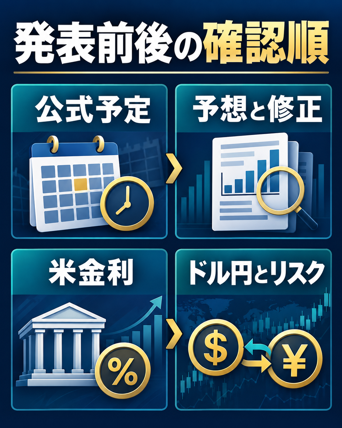 経済指標の公式予定・予想修正・米金利・ドル円を確認する順番