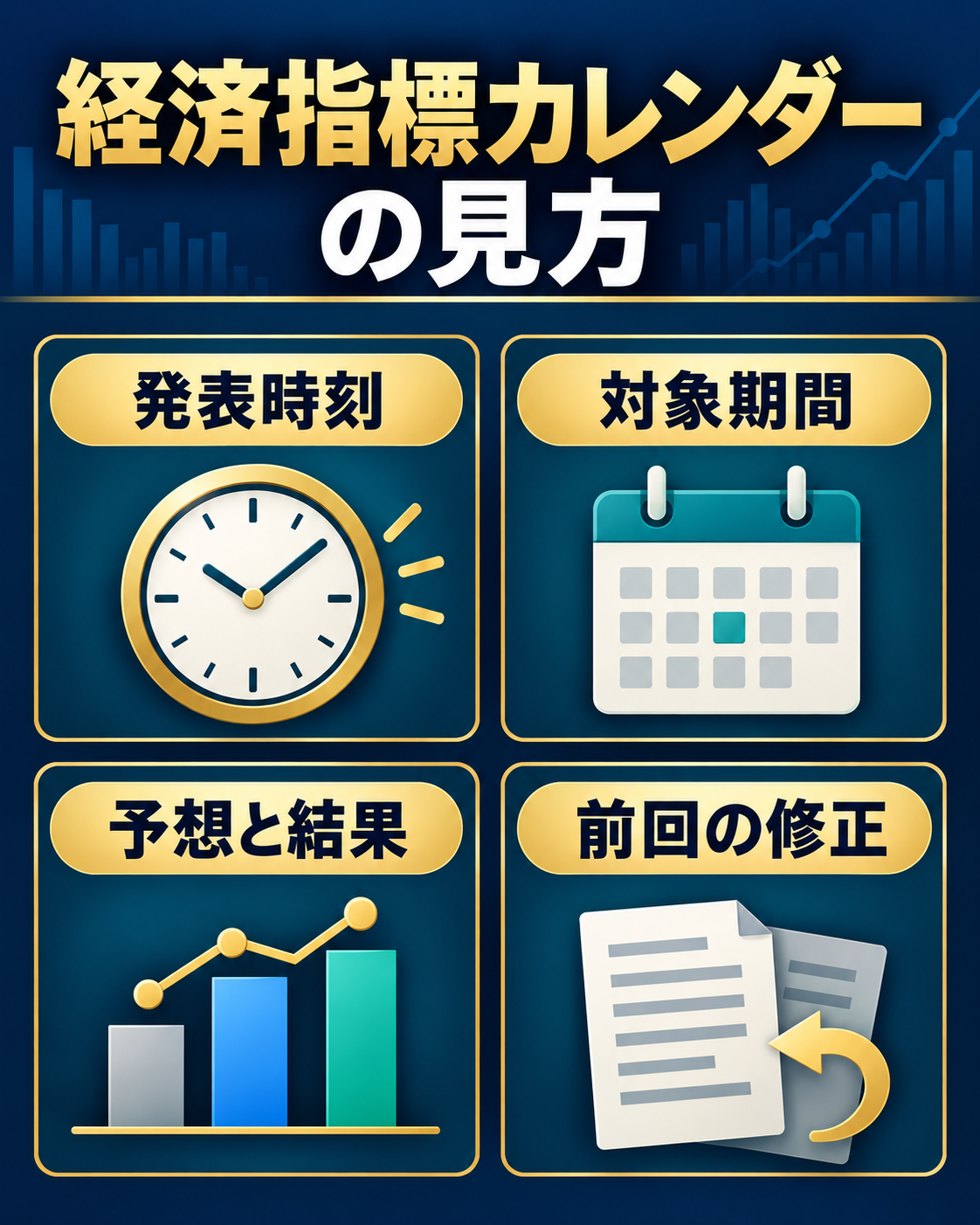 経済指標カレンダーの発表時刻・対象期間・予想結果・前回修正の見方
