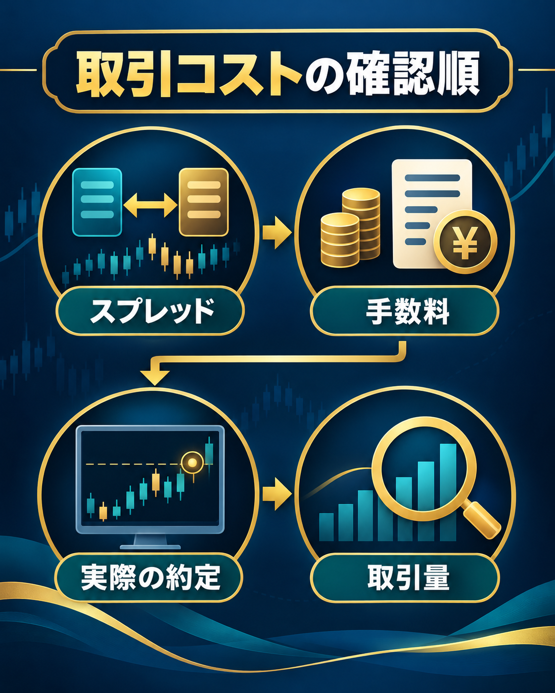 取引コストをスプレッド、手数料、実際の約定、取引量から確認する図解