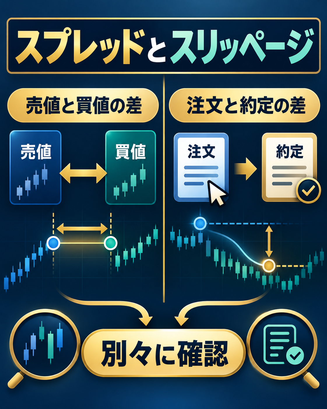 スプレッドは売値と買値の差、スリッページは注文と約定の差を示す比較図