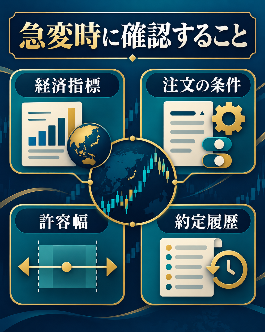 急変時に経済指標、注文条件、許容幅、約定履歴を確認する図解