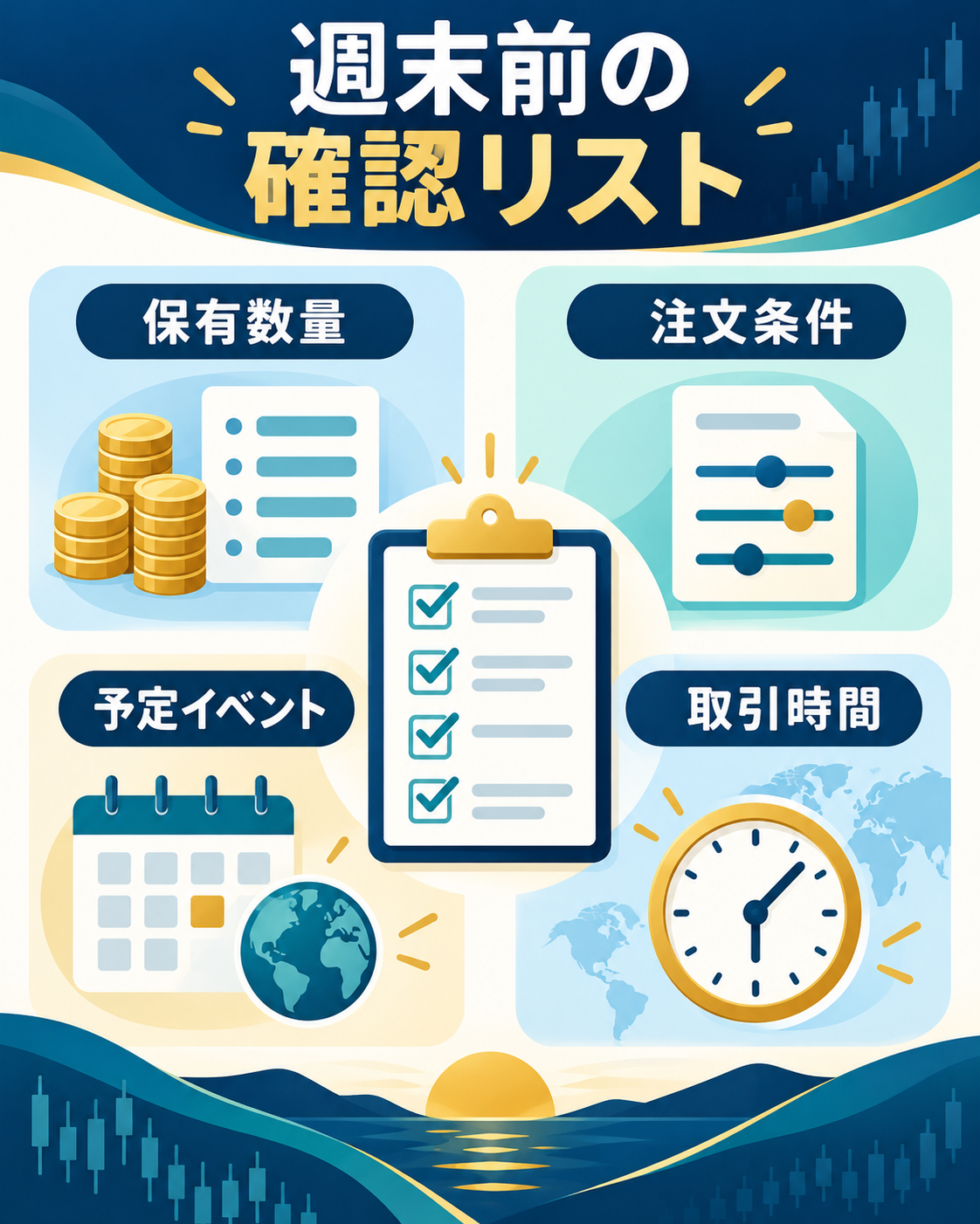 FXの週末前に保有数量、注文条件、予定イベント、取引時間を確認するリスト
