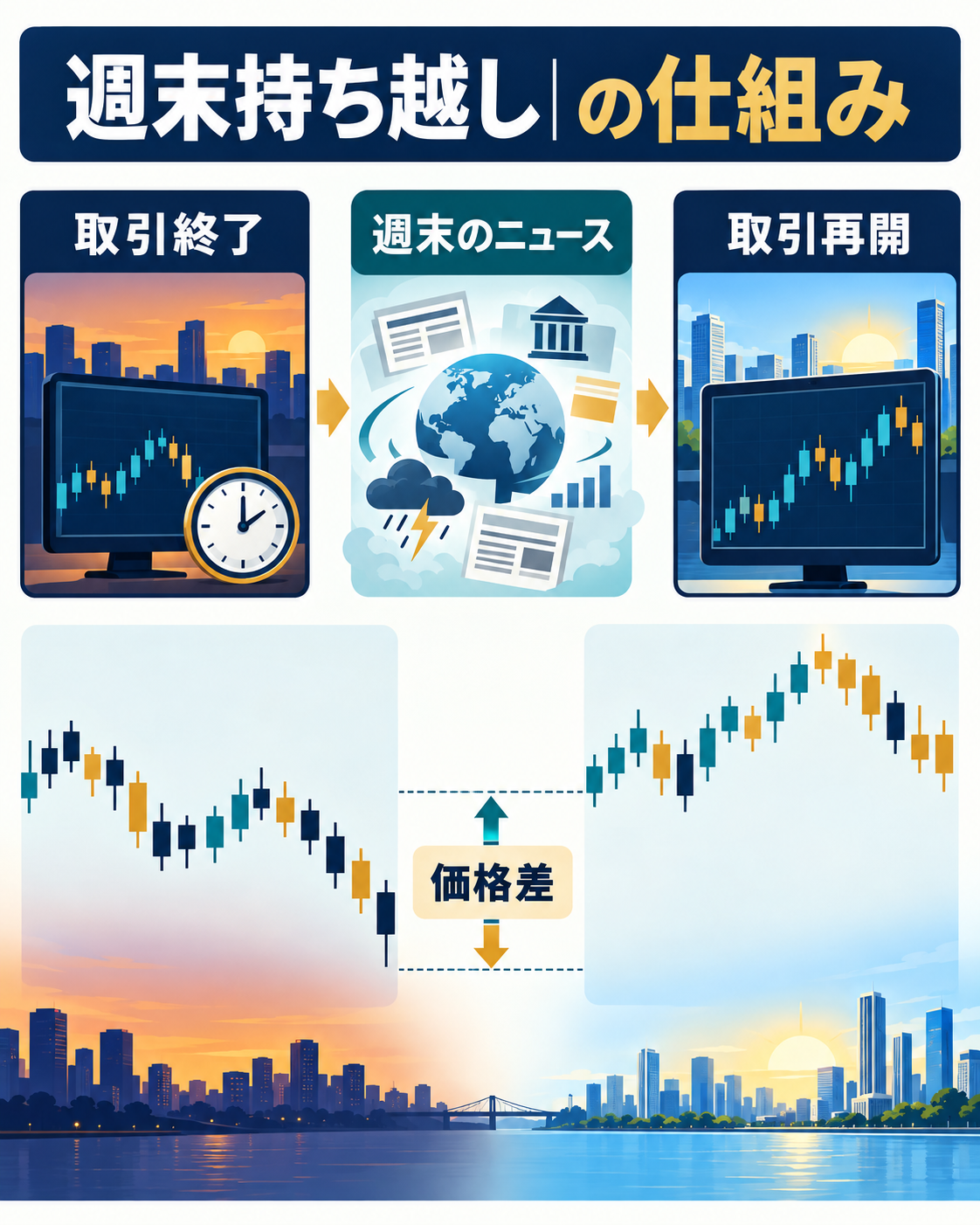FXの取引終了から週末ニュースを経て価格差を伴う取引再開までの図解