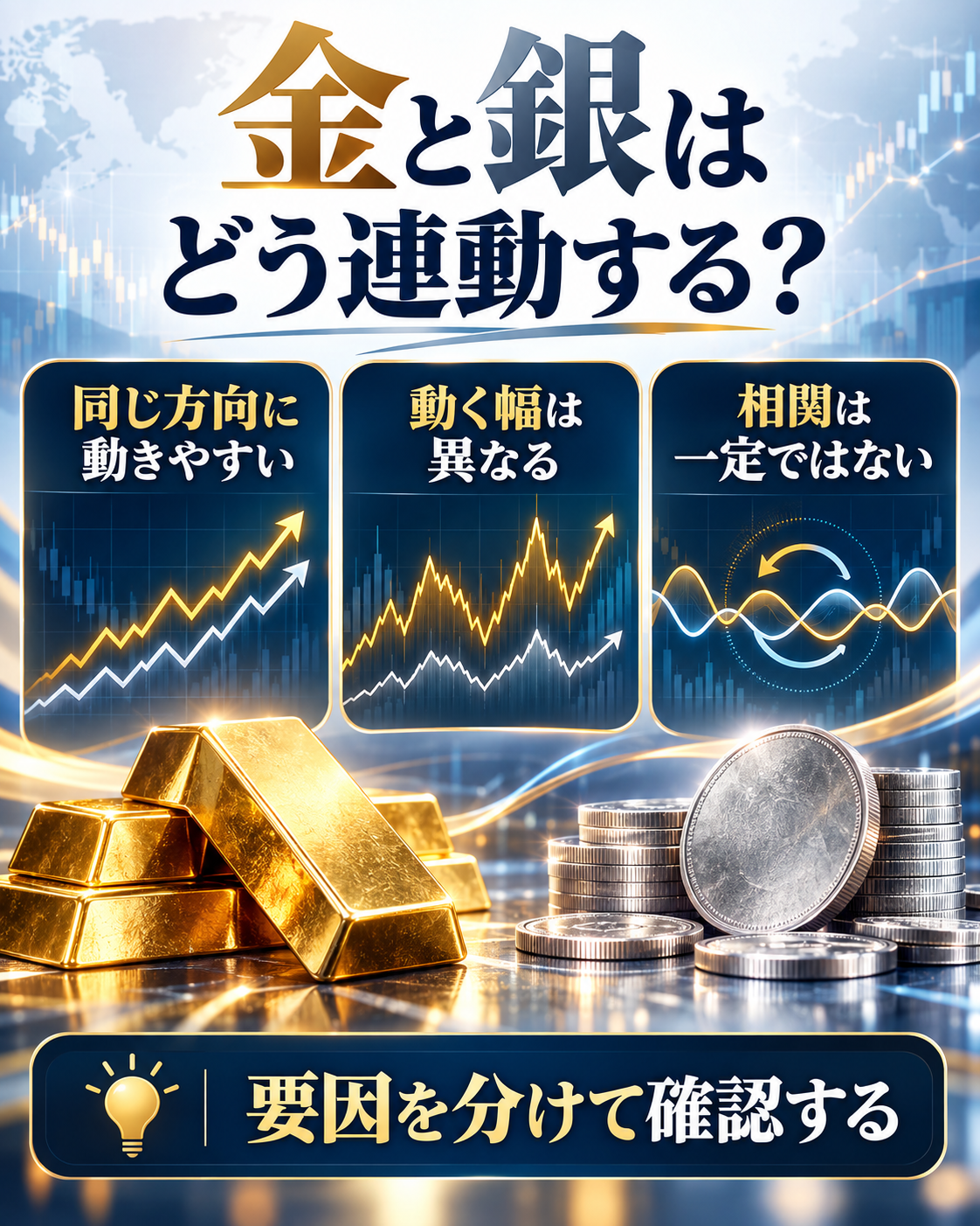 金価格と銀価格は同じ方向に動きやすいが、相関は一定ではないことを説明する図
