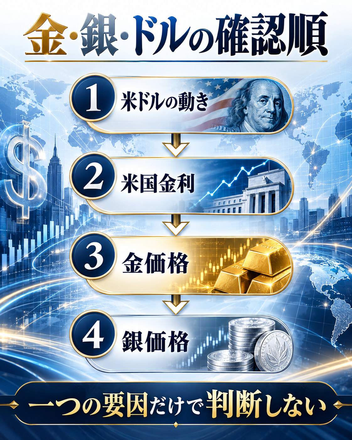 米ドル、米国金利、金価格、銀価格を順番に確認する流れを示す図