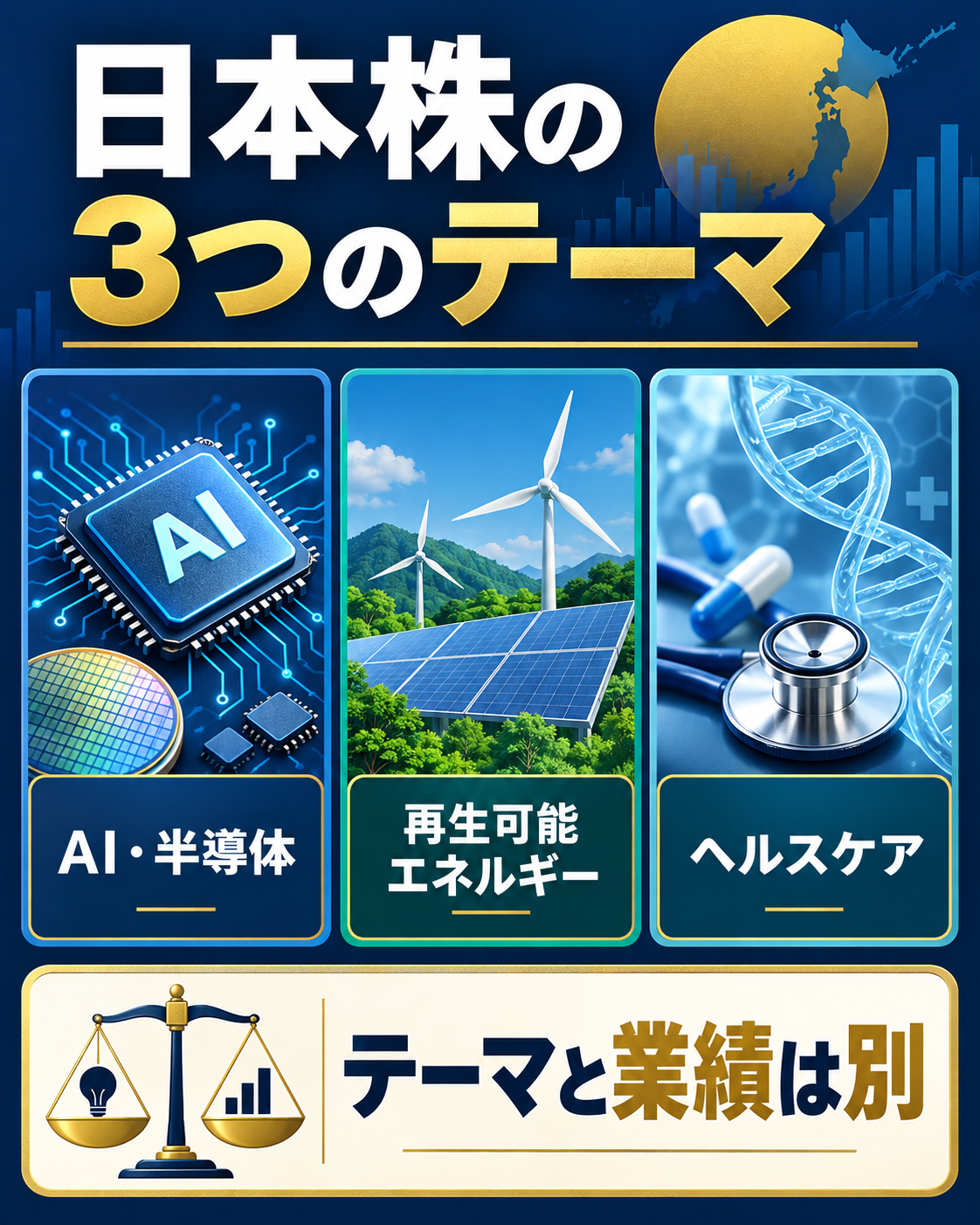日本株のAI・半導体、再生可能エネルギー、ヘルスケアのテーマを比較する図解