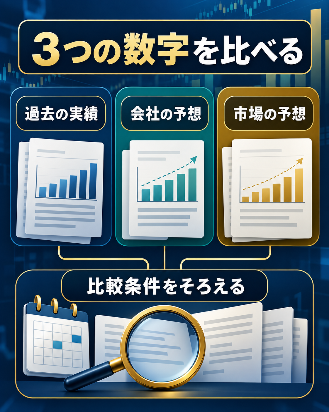 決算の過去実績・会社予想・市場予想を比較する図解