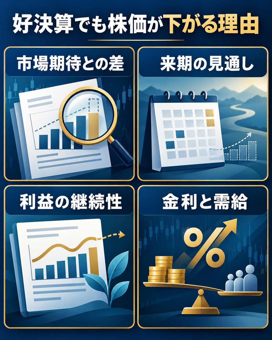好決算でも株価が下がる市場期待・来期・利益継続性・金利需給の要因