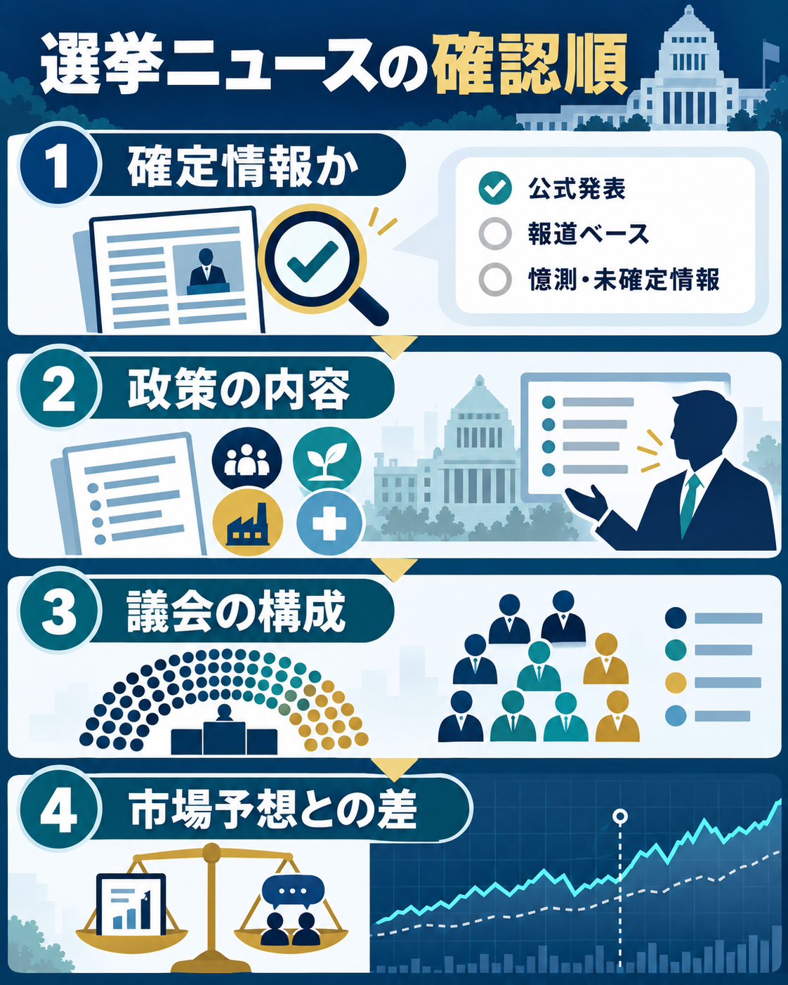 選挙ニュースの確定度・政策・議会・市場予想を確認する手順