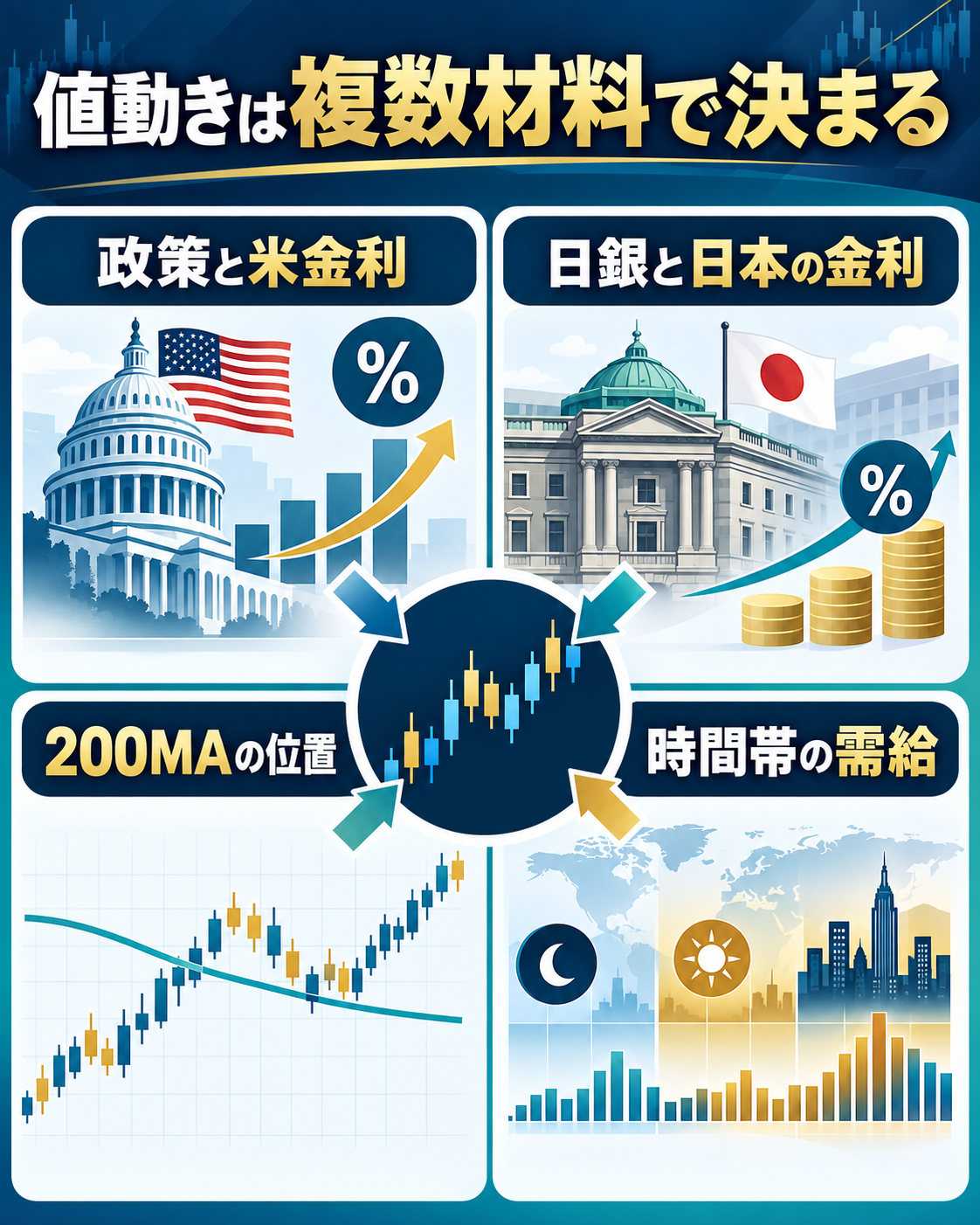 ドル円を政策・米金利・日銀・200MA・時間帯需給から確認する図解