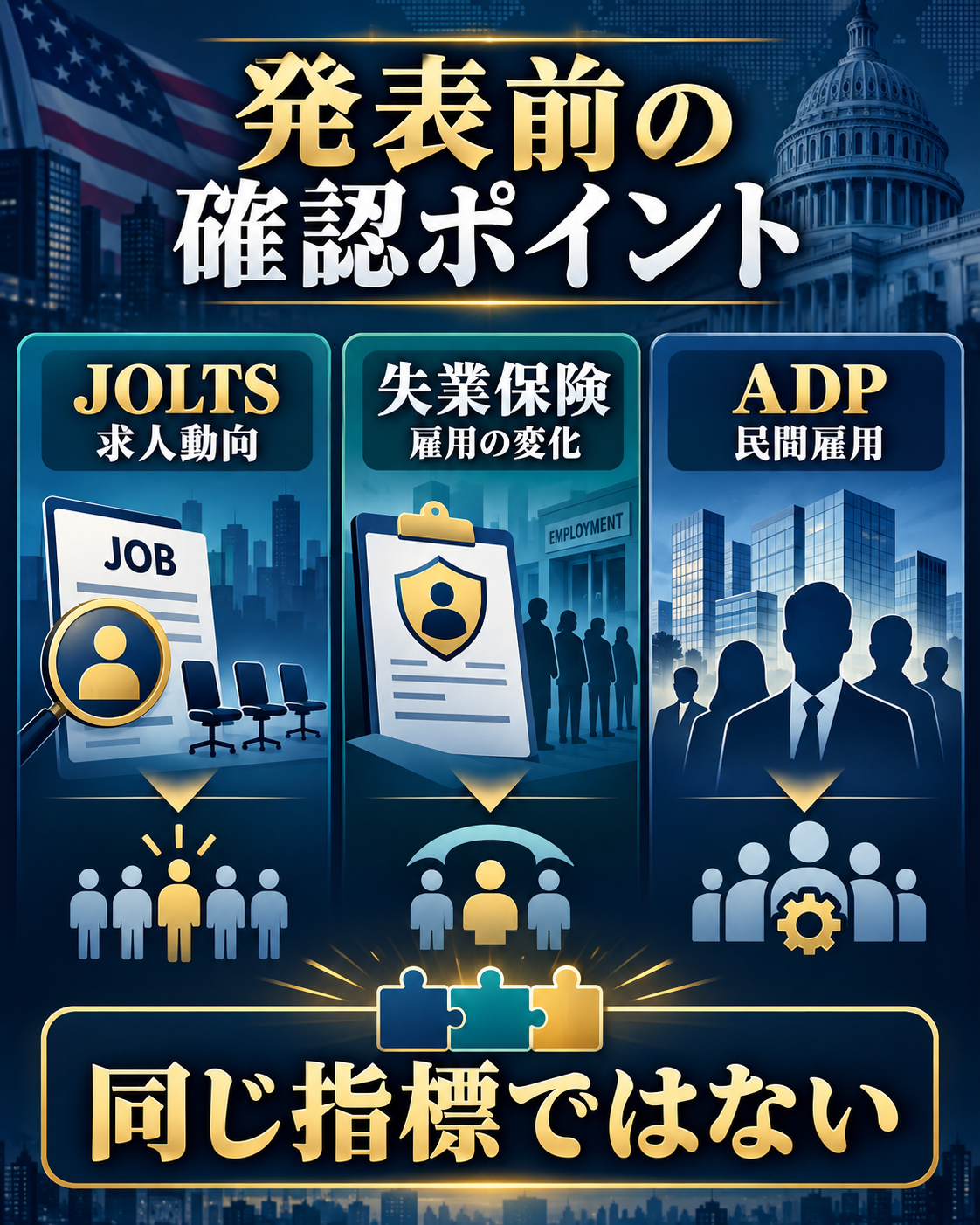 JOLTS・失業保険申請・ADPを雇用統計の事前確認に使う図解