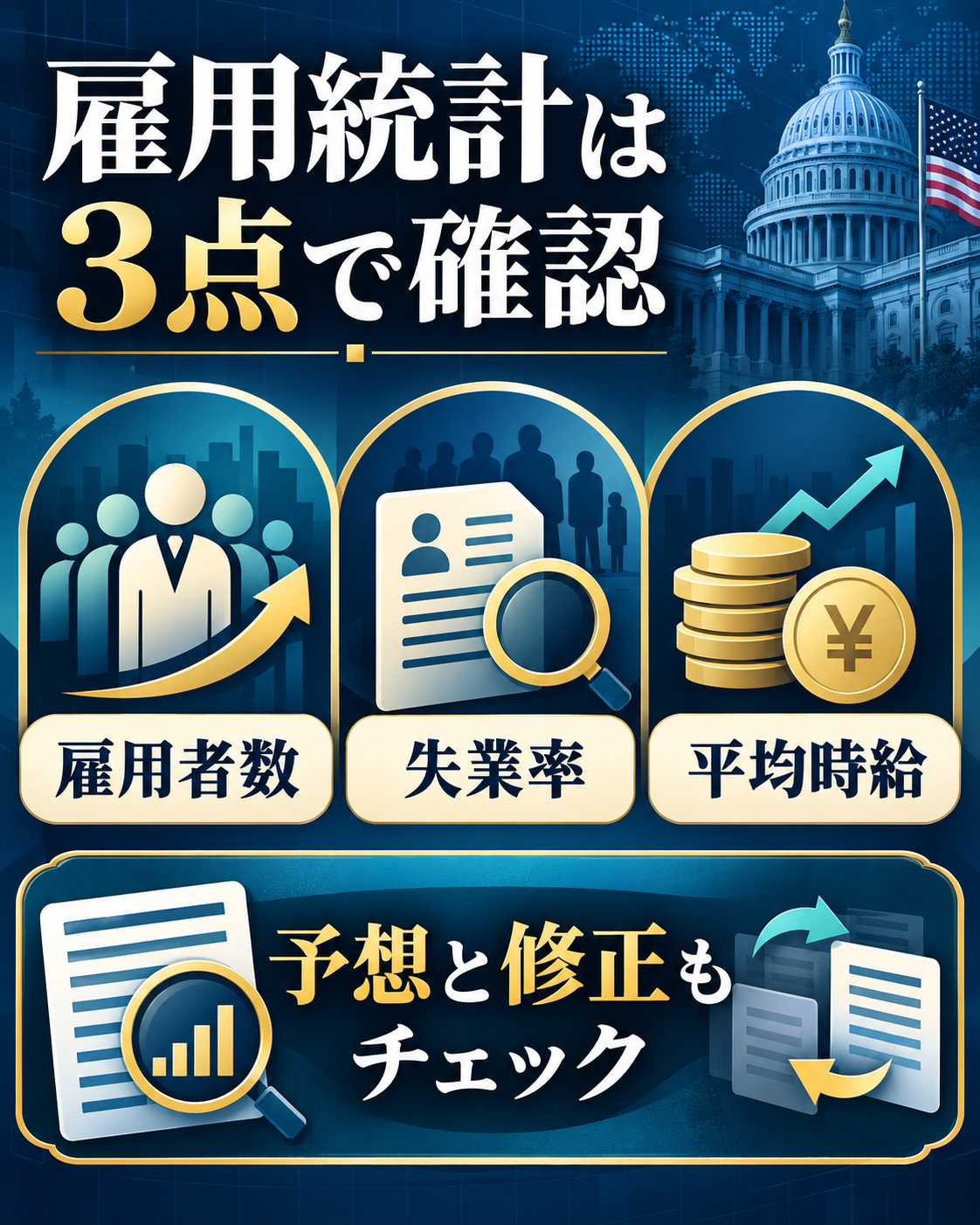 米雇用統計で確認する雇用者数・失業率・平均時給の図解
