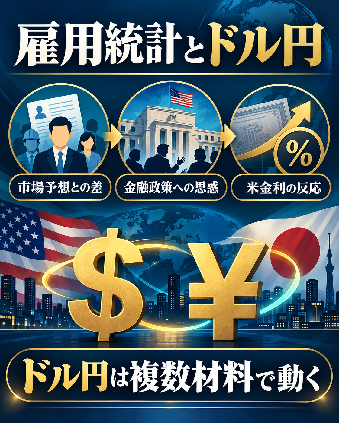 米雇用統計から金融政策への思惑・米金利・ドル円へ伝わる関係の図解