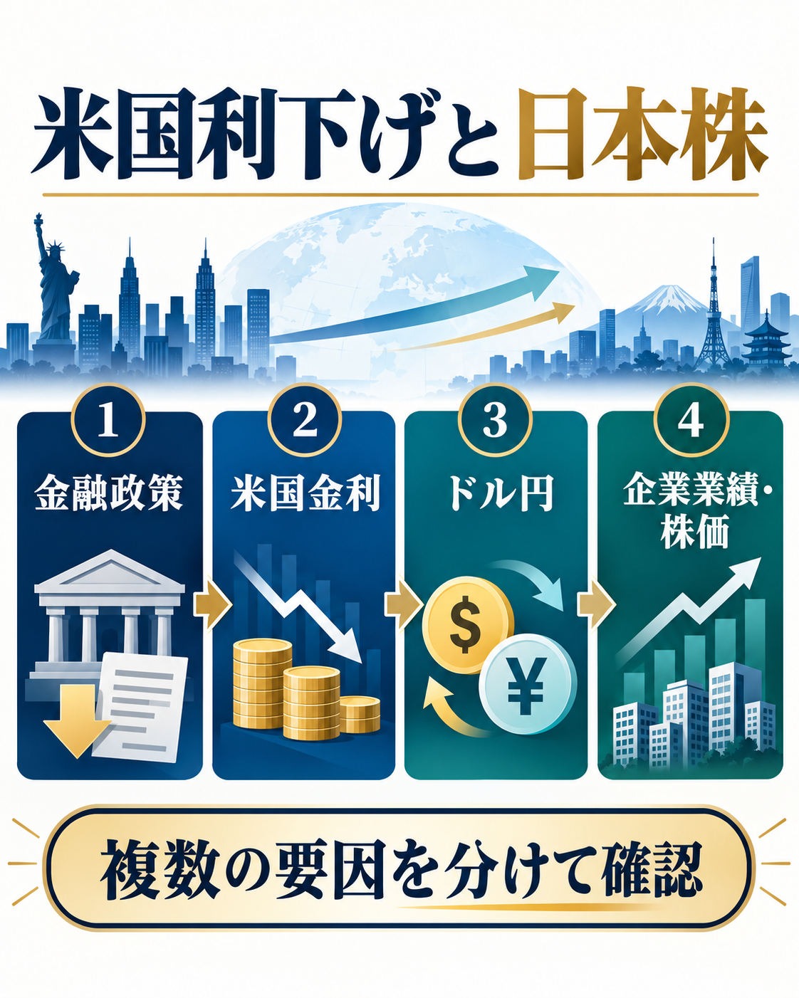 米国利下げが米国金利とドル円を通じて日本株の材料になる流れを示す図解