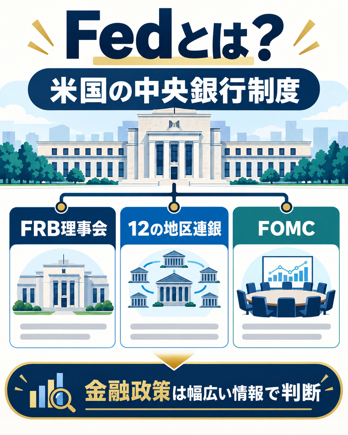 Fedを構成するFRB理事会・12の地区連銀・FOMCを示す図解