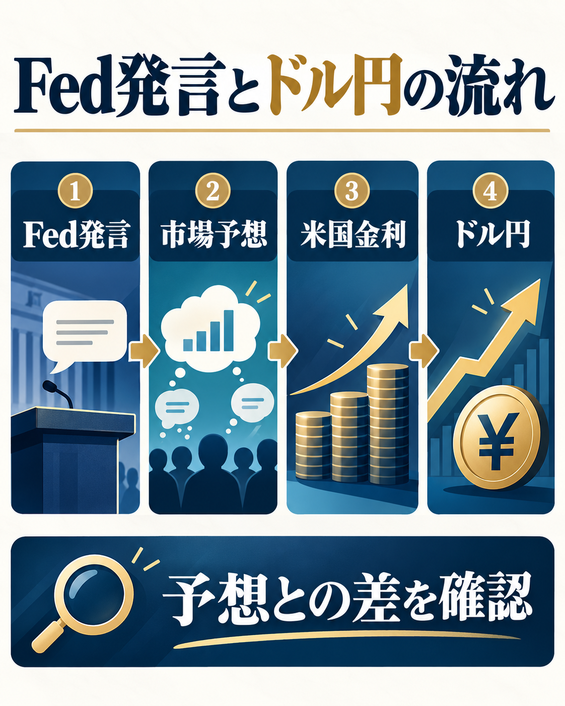 Fed発言が市場予想と米国金利を通じてドル円の材料になる流れの図解