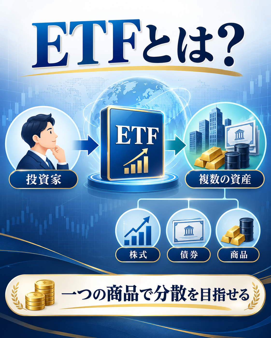 投資家がETFを通じて株式、債券、商品など複数の資産へ投資する仕組みを示す図