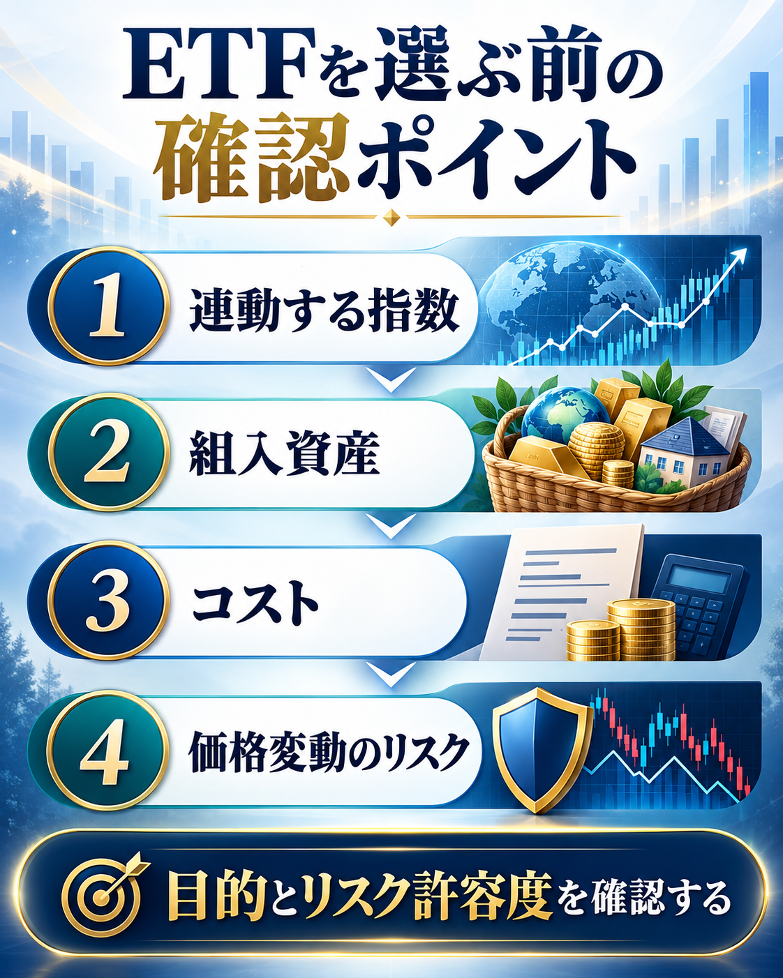 ETFを選ぶ前に連動する指数、組入資産、コスト、価格変動リスクを確認する順番を示す図