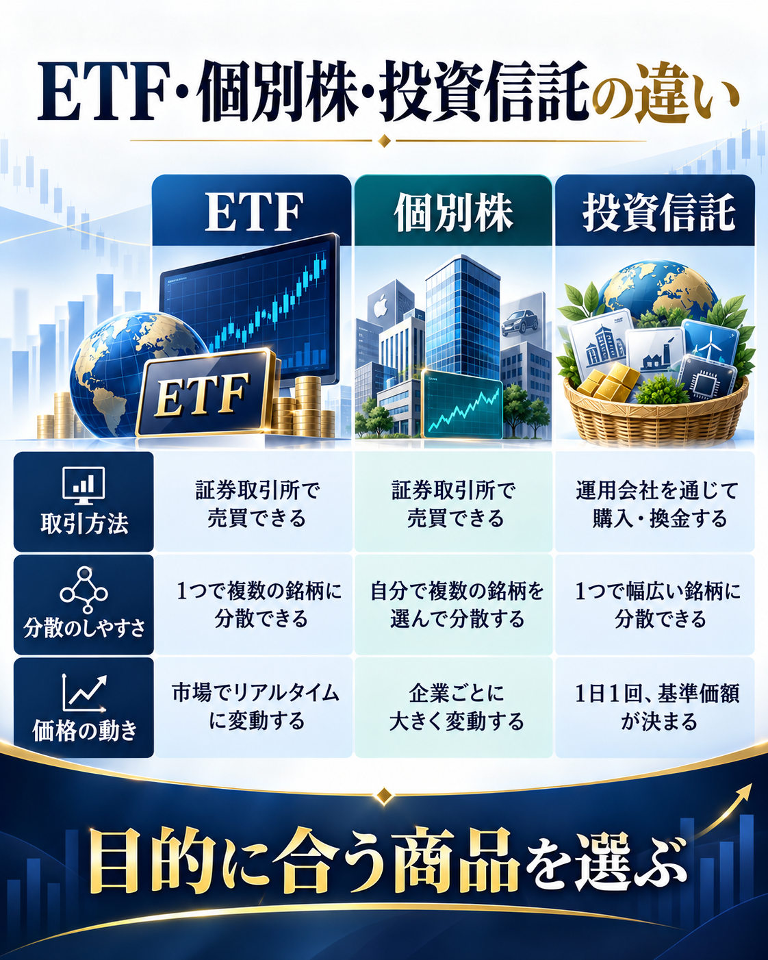 ETF、個別株、投資信託の取引方法、分散のしやすさ、価格の動きの違いを示す図