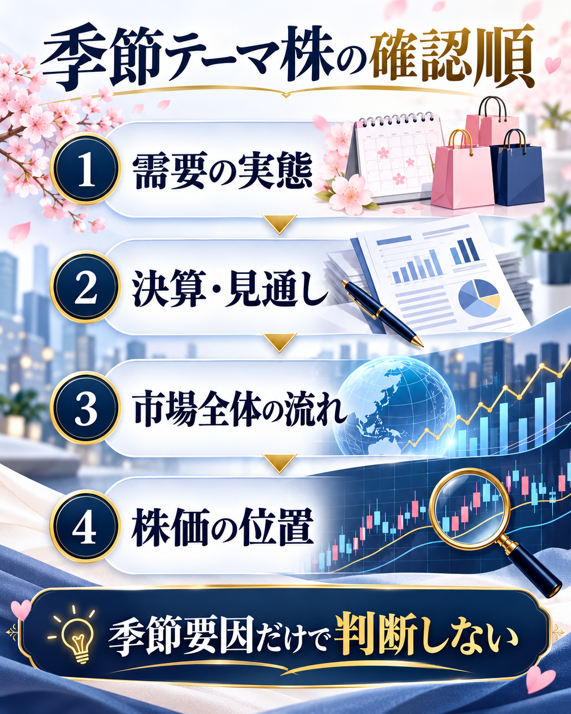季節テーマ株で需要、決算、市場全体、株価の位置を確認する順番を示す図