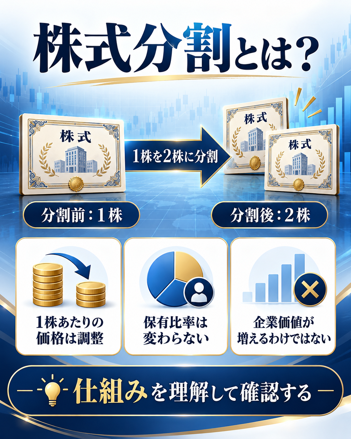 1株を2株に分割する株式分割の仕組みと、保有比率と企業価値が変わらない点を示す図