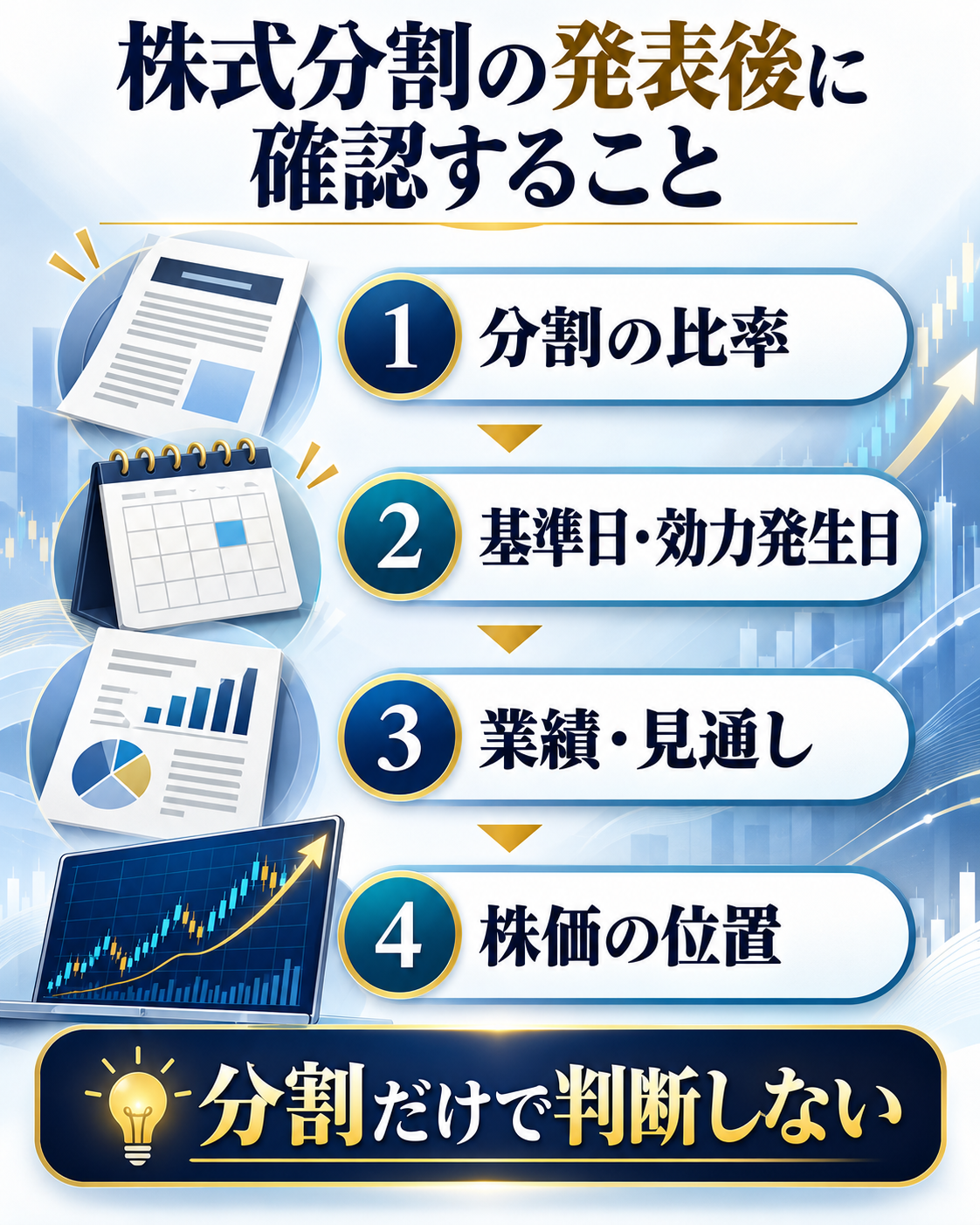 株式分割の発表後に確認する分割比率、基準日と効力発生日、業績と見通し、株価の位置を示す図