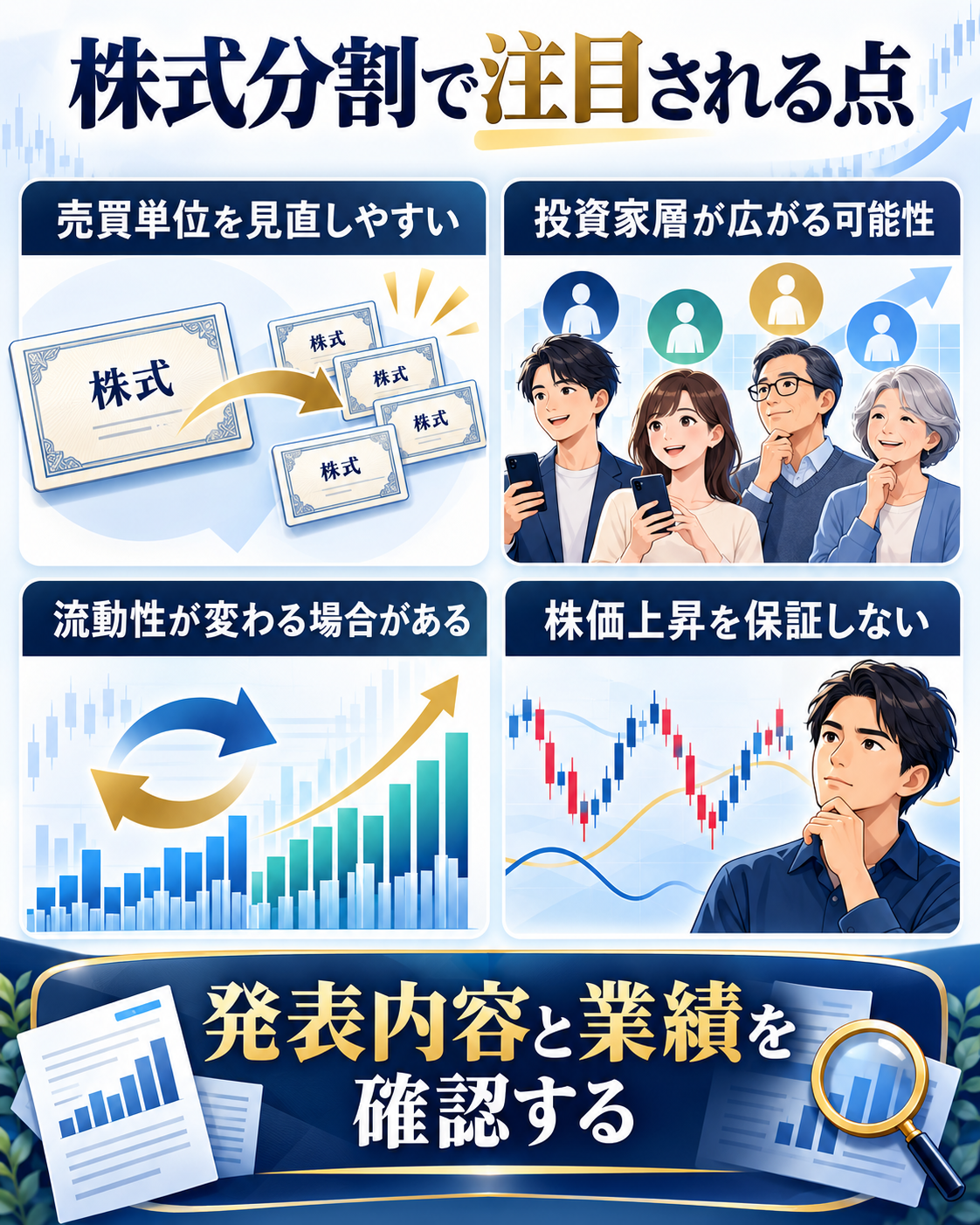 株式分割で注目される売買単位、投資家層、流動性、株価上昇を保証しない点を示す図