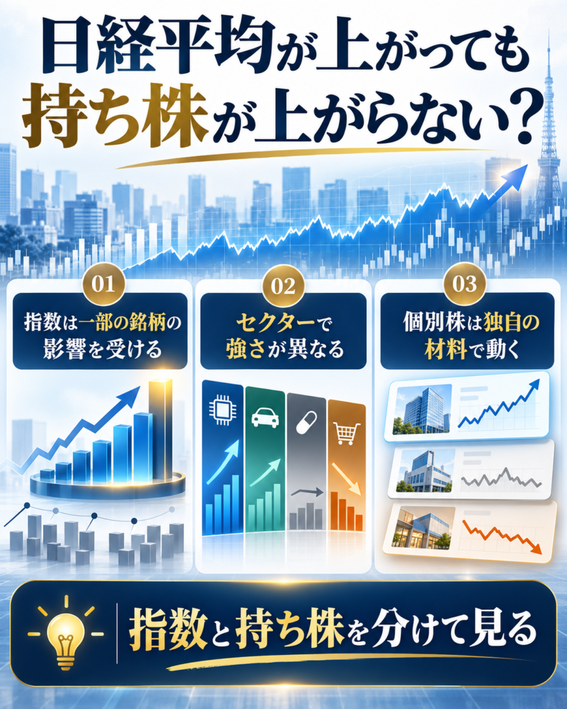 日経平均が上昇しても個別の持ち株が上がらない主な理由を示す図