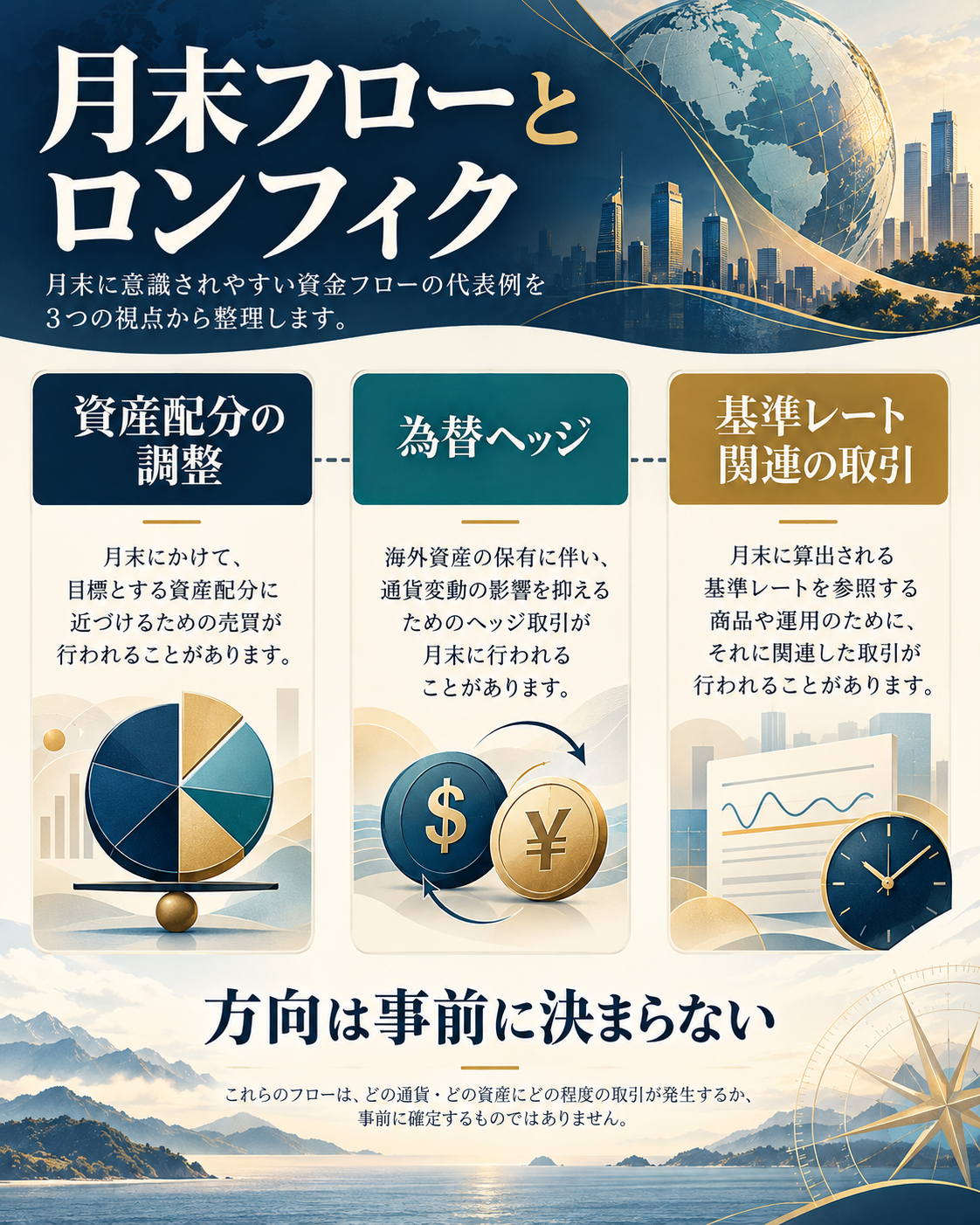 月末の資産配分調整、為替ヘッジ、基準レート関連取引の関係
