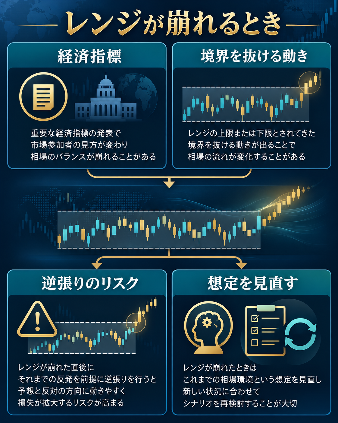 経済指標や境界を抜ける動きでレンジの想定を見直す注意点
