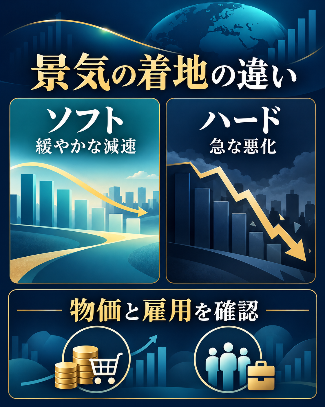 ソフトランディングとハードランディングの穏やかな減速・急な悪化の違い