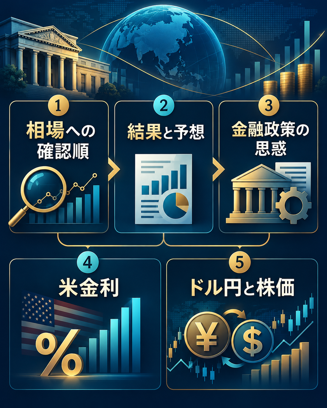 経済指標の予想差から政策思惑・米金利・ドル円株価を確認する図解