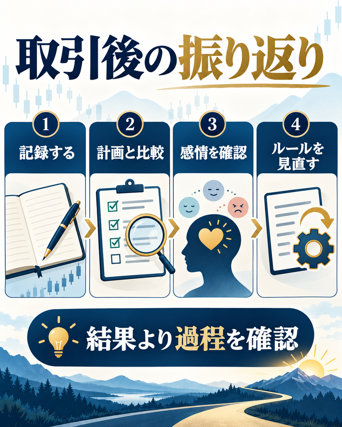 FX取引後に記録・計画との比較・感情の確認・ルール見直しを行う流れの図解