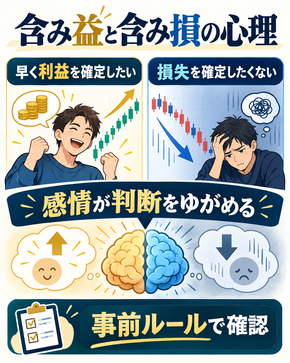 FXで含み益と含み損に対して生じやすい心理を示す図解