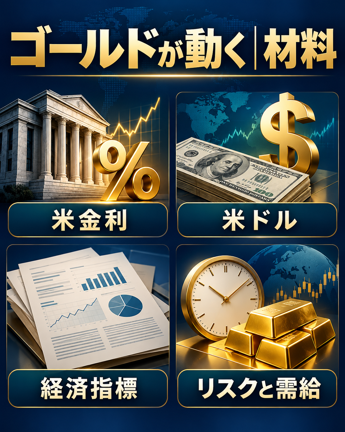 ゴールド価格に関係する米金利・米ドル・経済指標・リスク需給の図解