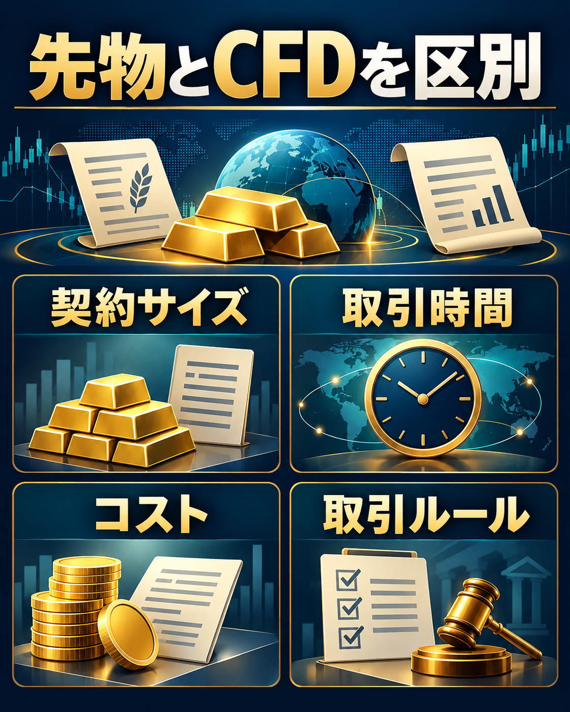 金先物とゴールドCFDの契約サイズ・取引時間・費用・ルールの比較項目