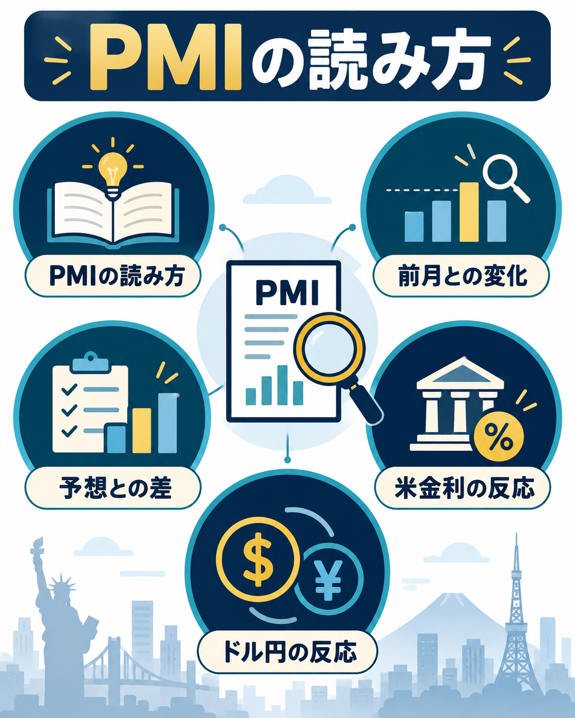 PMIの前月変化と予想差、米金利とドル円の反応を分けて見る図解