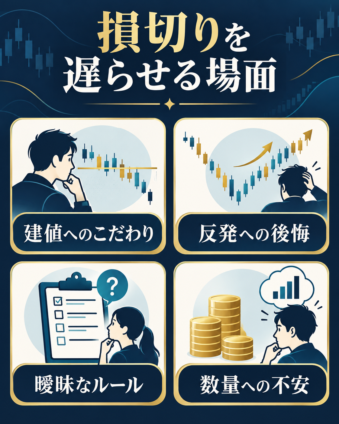 損切りを遅らせる建値へのこだわり、反発への後悔、曖昧なルール、数量への不安