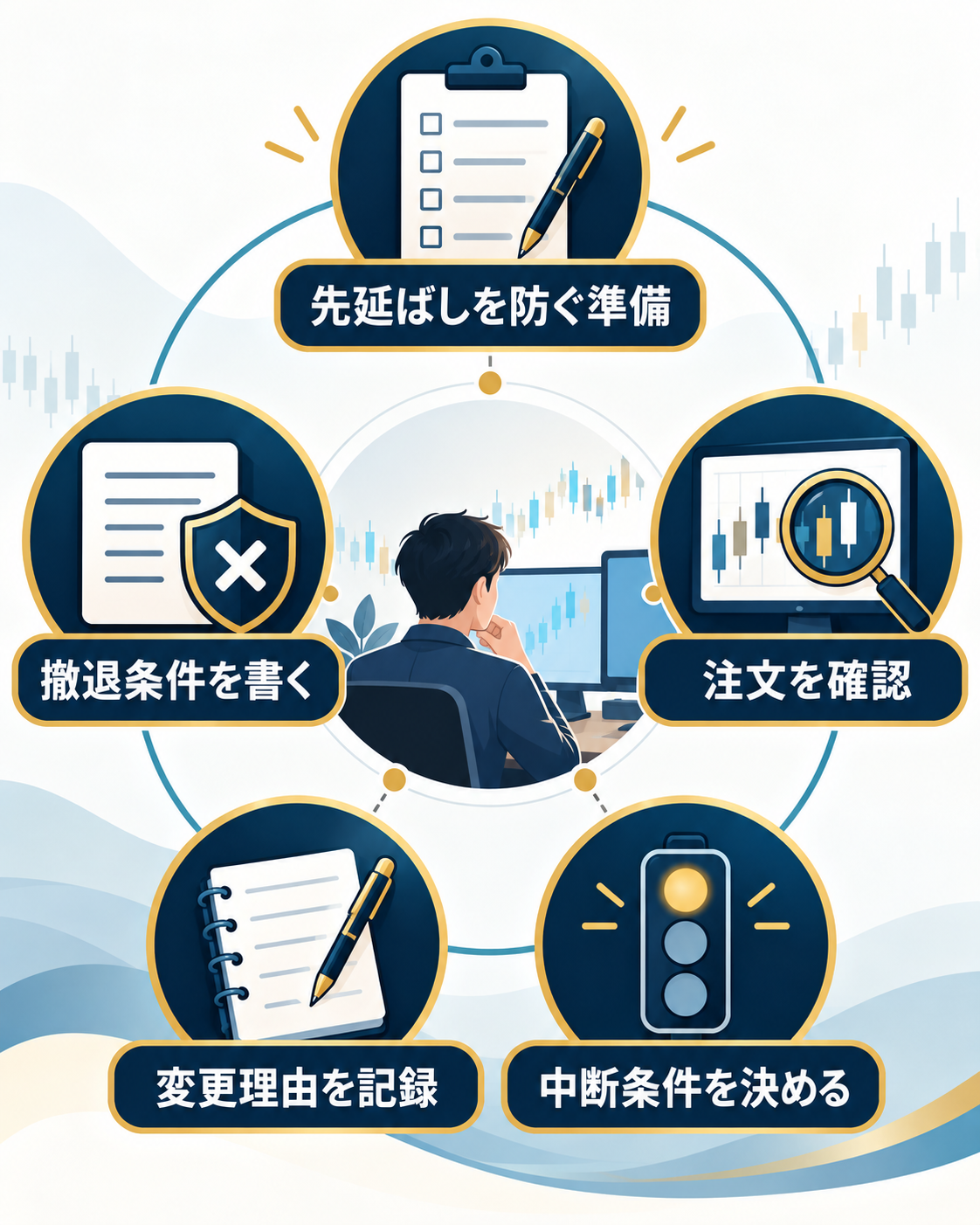 撤退条件、注文、変更理由、中断条件を事前に整理する図解