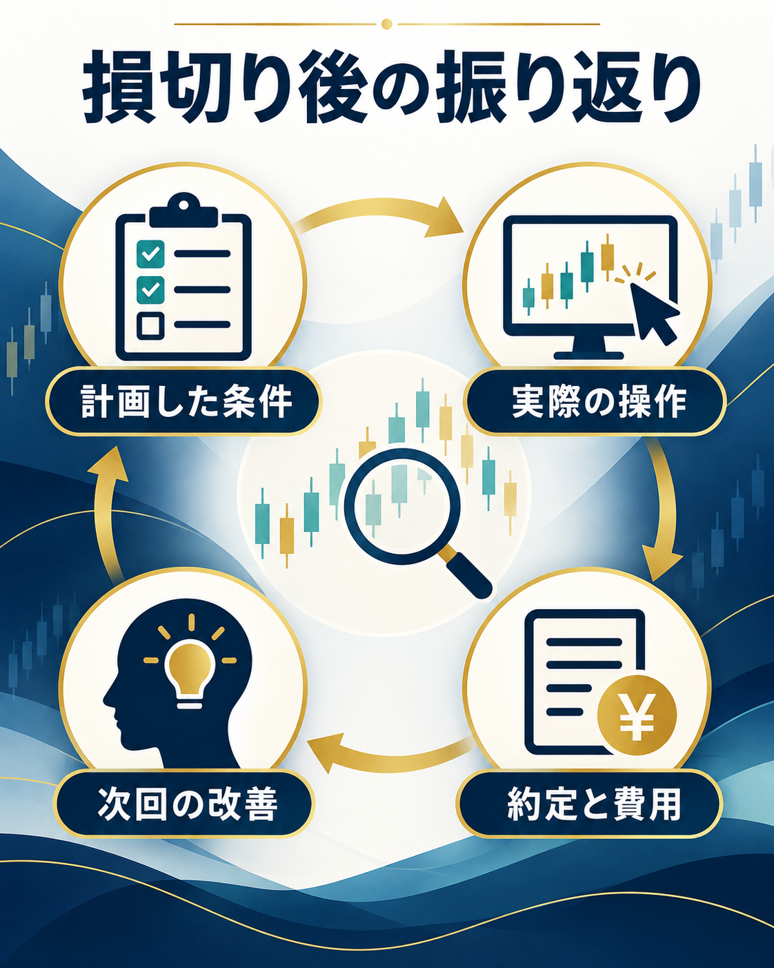 損切り後に計画、実際の操作、約定と費用、改善点を分けて振り返る図解
